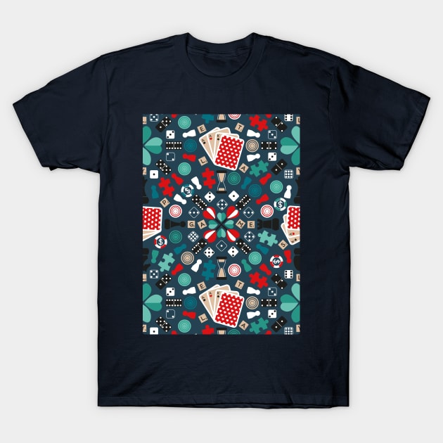 Wanna play? // pattern // blue background teal red mint brown black and white game pieces T-Shirt by SelmaCardoso